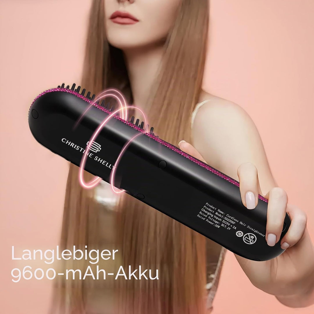 Glättbürste Kabellos 9600mAh, 9 Wärmestufen(140–230°C) CHaarglätter Bürste mit Millionen Negative Io