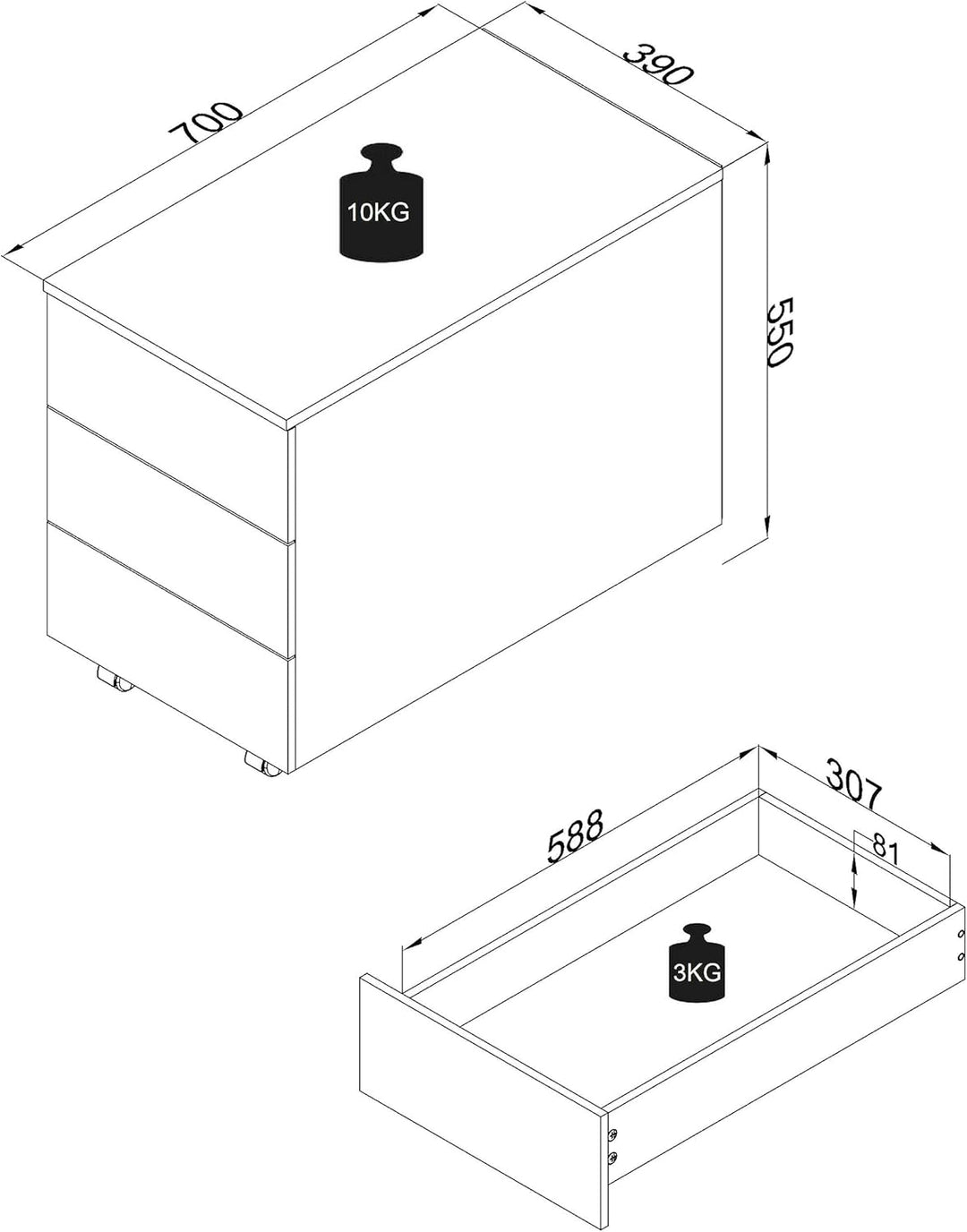 VCM Rollcontainer | Beistellcontainer mit Schubladen |Masse ca. H. 55 x B. 39 x T. 70 cm | Büroconta