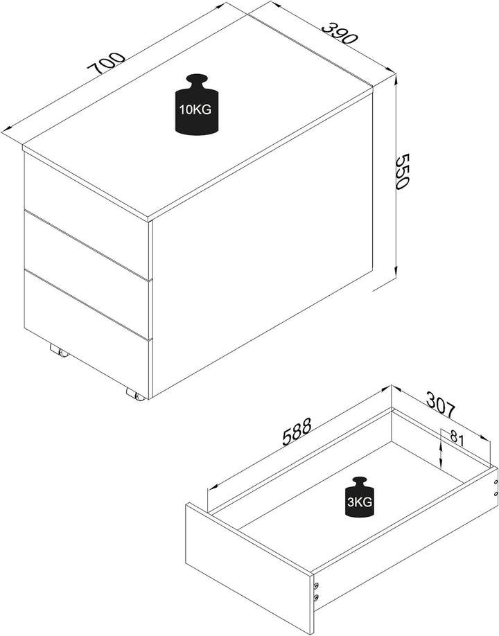 VCM Rollcontainer | Beistellcontainer mit Schubladen |Masse ca. H. 55 x B. 39 x T. 70 cm | Büroconta