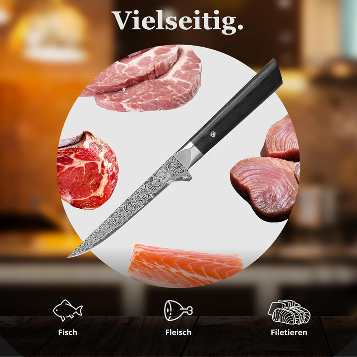 zayiko Black Edition Damastmesser Ausbeinmesser | Scharfe 14 cm Klinge aus 67 Lagen edlem dunklen Da