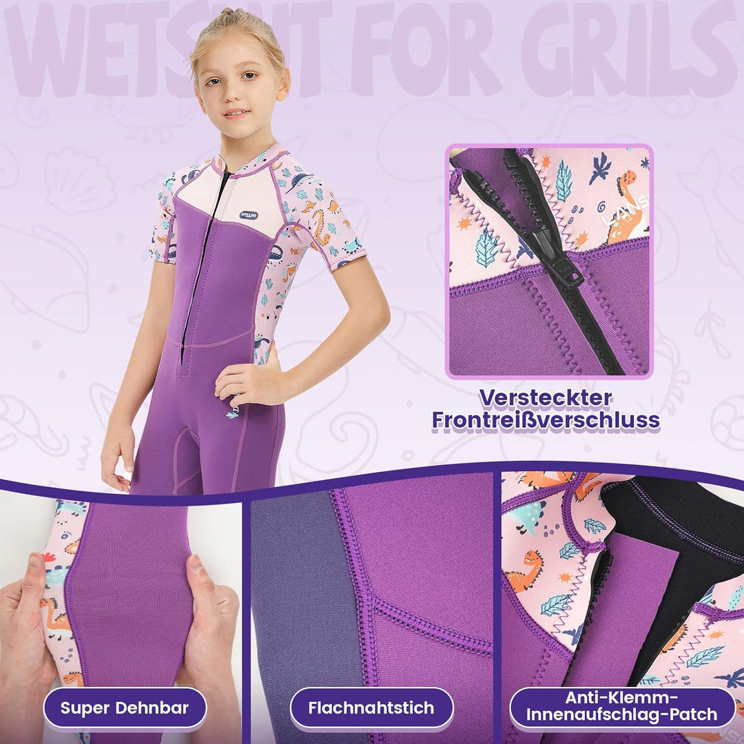 Neoprenanzug Kinder in 3MM, UPF50+ Neopren Lang Schutz vor Sonnenbrand, bequemer Frontreissverschlus