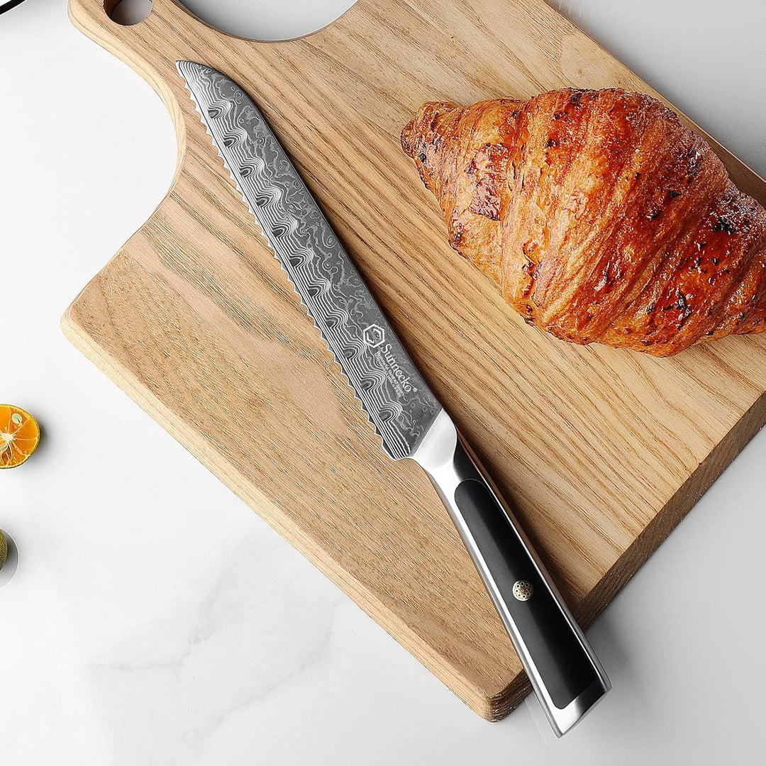 Sunnecko 20cm Brotmesser mit Wellenschliff - Damastmesser mit ergonomischem Griff, Brötchenmesser Br