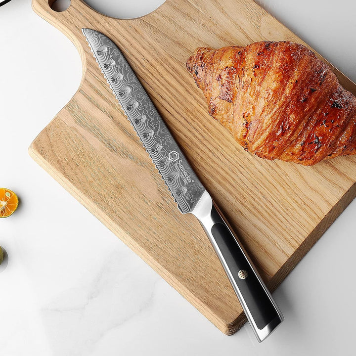 Sunnecko 20cm Brotmesser mit Wellenschliff - Damastmesser mit ergonomischem Griff, Brötchenmesser Br