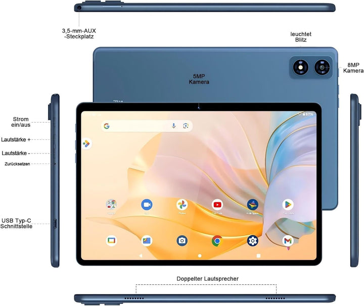 Android 14 Tablet 10 Zoll 22GB RAM+128GB ROM Octa-Core Tablet 5G WiFi, Mit Tastatur Maus, 8000mAh, (