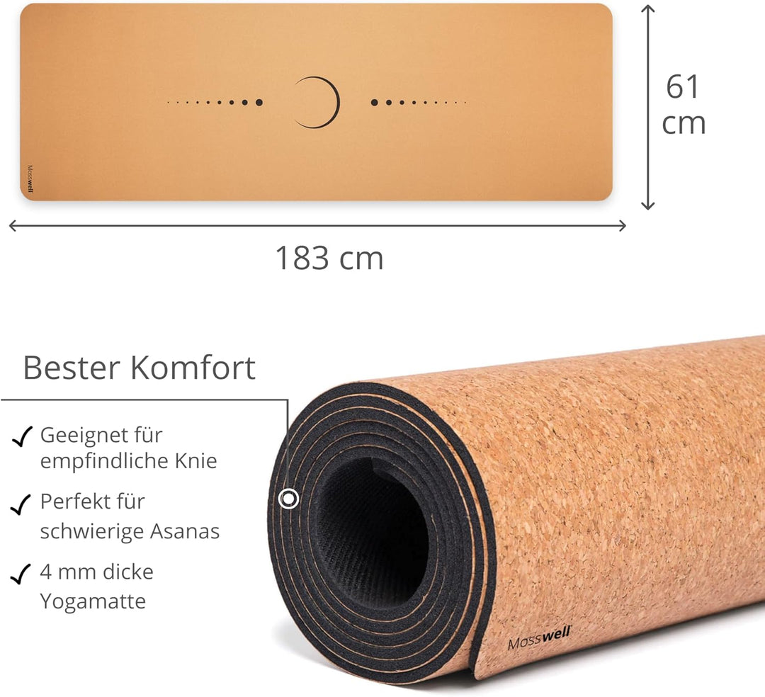 Mosswell Premium Kork-Yogamatte (4mm dick) - Rutschfeste Fitnessmatte mit Hilfslinien - Pilatesmatte