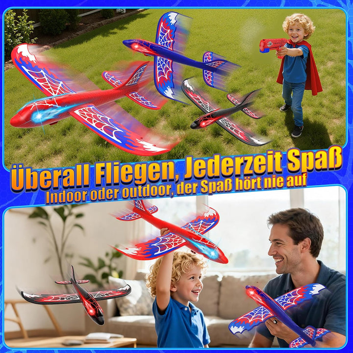 Flugzeug Spielzeug ab 3-12 Jahre, 3 Flugzeug mit Leuchtend Augen & Spinnennetz Flügel, Spider Spielz