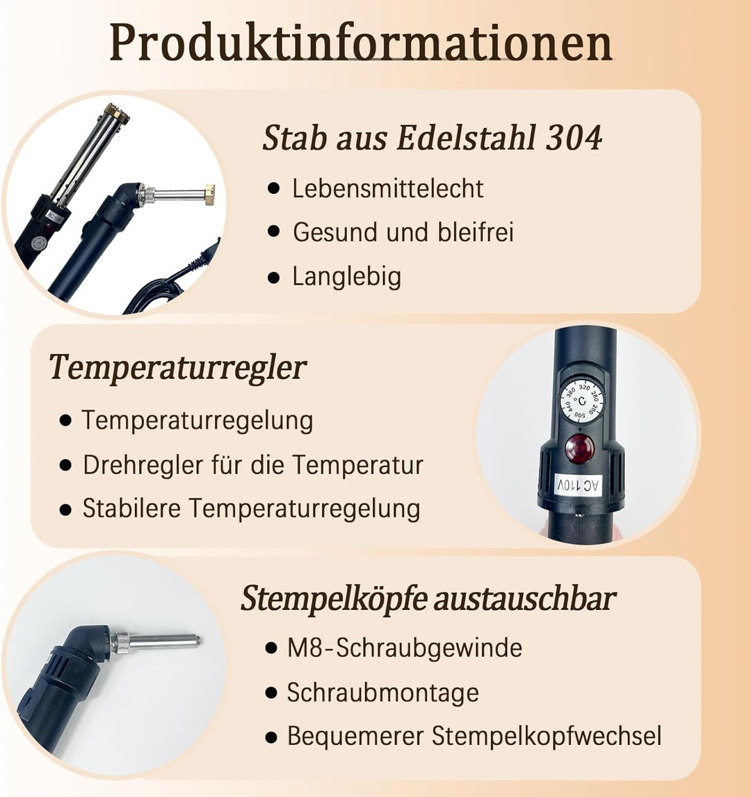 Elektrisches Brenneisen mit individueller Temperaturregelung für Holz – Personalisierter Logostempel