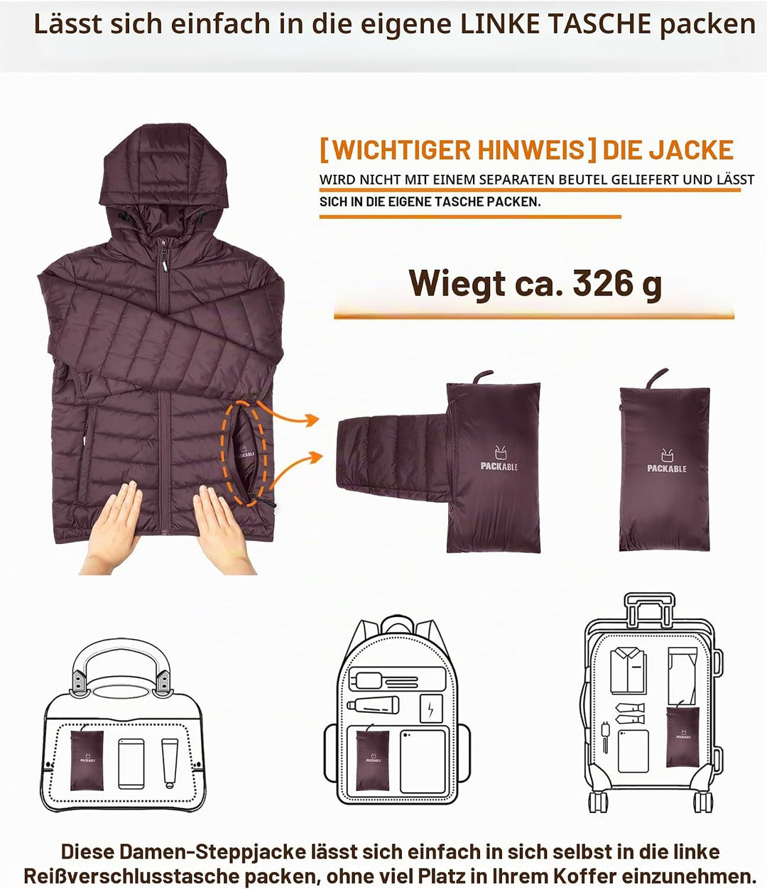Outdoor Ventures Damen Steppjacke Leichte Packbare Übergangsjacke Warme Winterjacke mit Kapuze für F