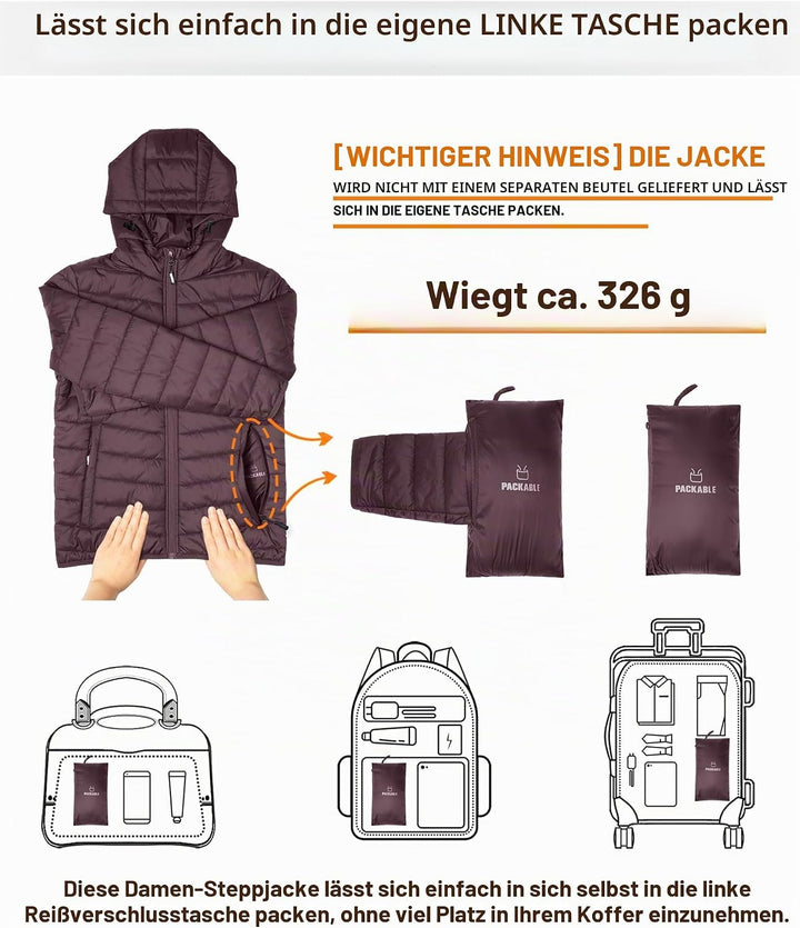 Outdoor Ventures Damen Steppjacke Leichte Packbare Übergangsjacke Warme Winterjacke mit Kapuze für F