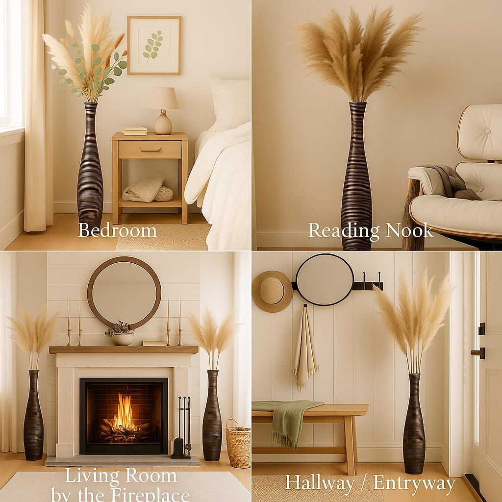 Leewadee Grosse Bodenvase für Dekozweige hohe Standvase Design Holzvase, Holz, 70 cm, Braun 70 cm Br
