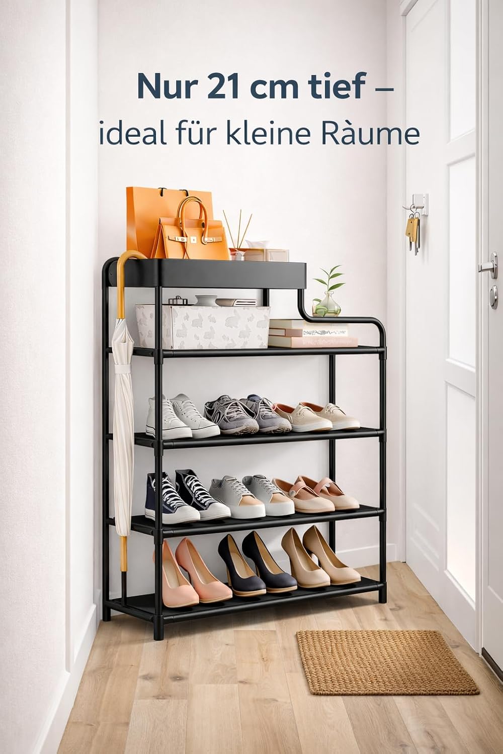 ELNO Schmales Schuhregal 21cm Tief – Platzsparender Schuhständer mit 5 Ebenen für bis zu 7 Paar leic
