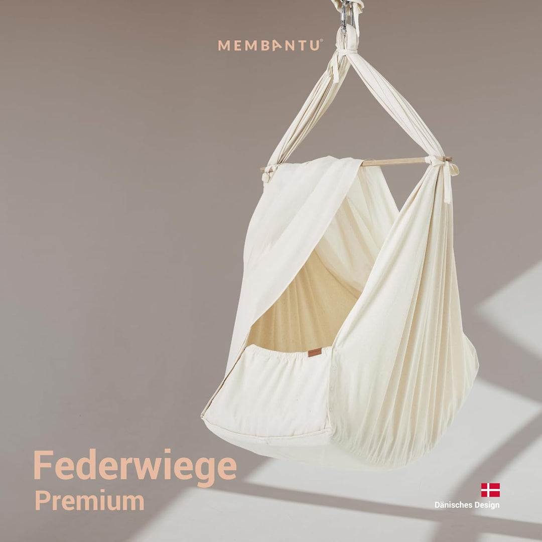 Premium Federwiegenset – Federwiege Premium aus 100% Bio-Baumwolle mit Öko-Wollmatratze, Baldachin &
