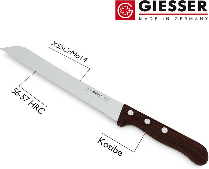 GIESSER seit 1776 - Made in Germany - Brotmesser mit Holzgriff rutschfest Kotibe, 21 cm, Wellenschli
