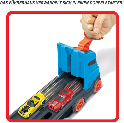 Hot Wheels - 2:1 Autorennbahn zu Transporter, inkl. 3 Spielzeugautos, mit Doppelstarter, Auslösefunk