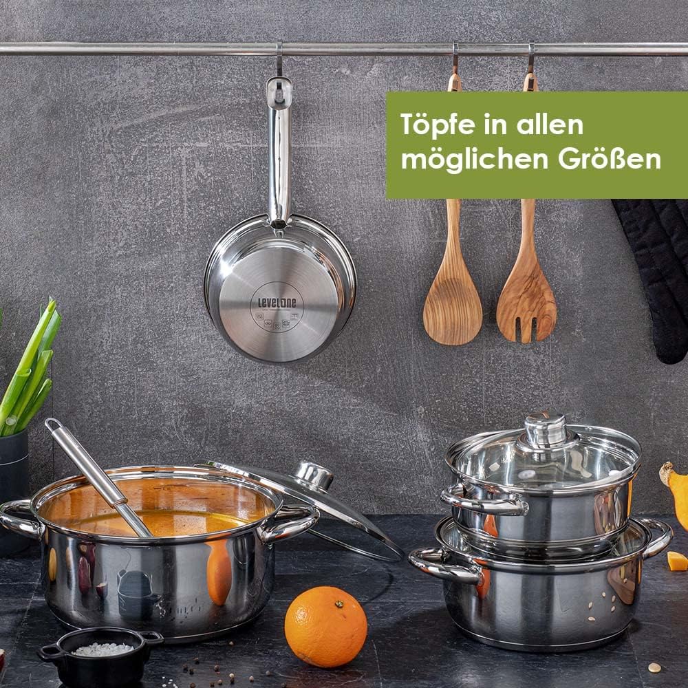 LEVELONE Topfset 4-teilig Induktion Edelstahl poliert induktionsgeeignet Kochtopfset mit Glasdeckel