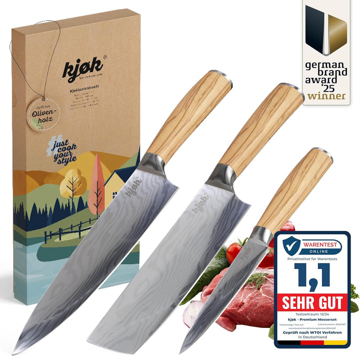 kjøk Premium Messerset Härte 58±2 HRC Asia Küchenmesser Set 3-tlg hochwertig mit Damastmesser-Muster