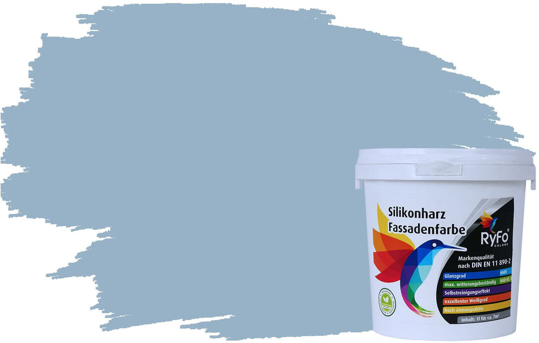 RyFo Colors Silikonharz Fassadenfarbe Lotuseffekt Trend Taubenblau 1l - bunte Fassadenfarbe, weitere