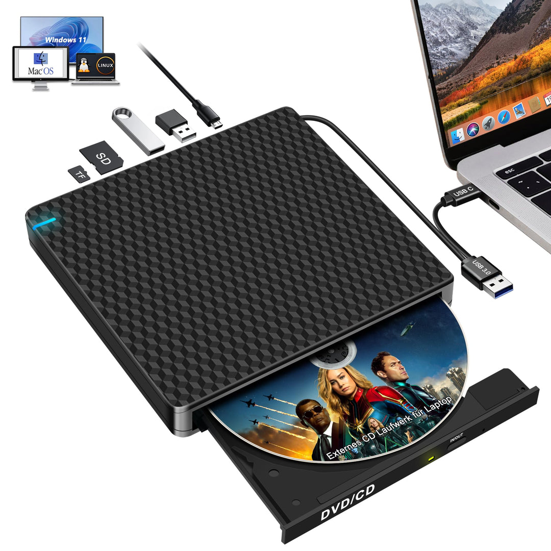 NOLYTH Externes DVD Laufwerk USB-C: CD Laufwerk Extern USB mit SD/TF Slot/2 USB Ports Plug & Play -