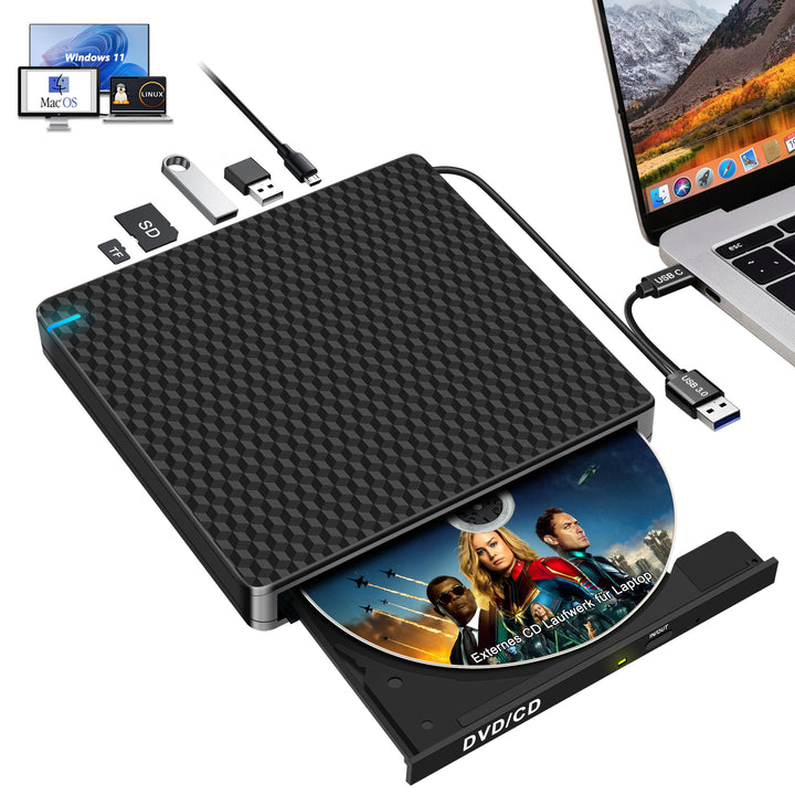 NOLYTH Externes DVD Laufwerk USB-C: CD Laufwerk Extern USB mit SD/TF Slot/2 USB Ports Plug & Play -