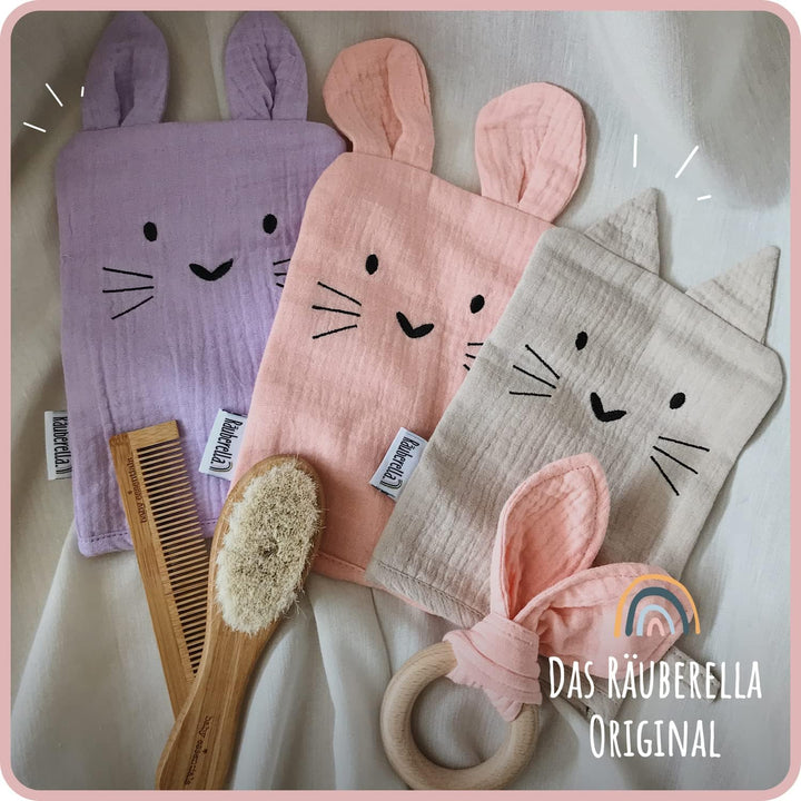Räuberella Waschlappen, Waschhandschuh, 3er Set aus Musselin Geschenk zur Geburt (Rosa-Beige-Flieder