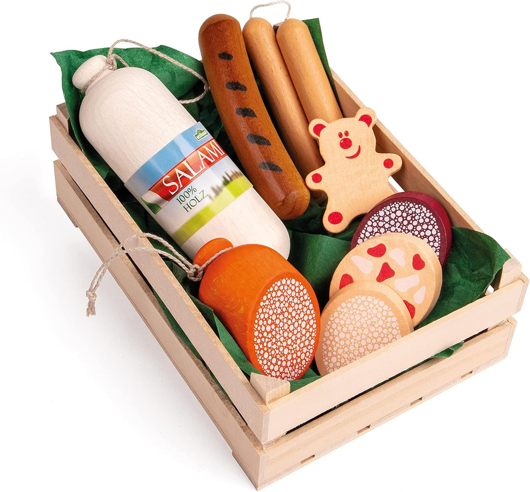 Erzi 28140 Sortiment Wurstwaren aus Holz, Kaufladenartikel für Kinder, Rollenspiele