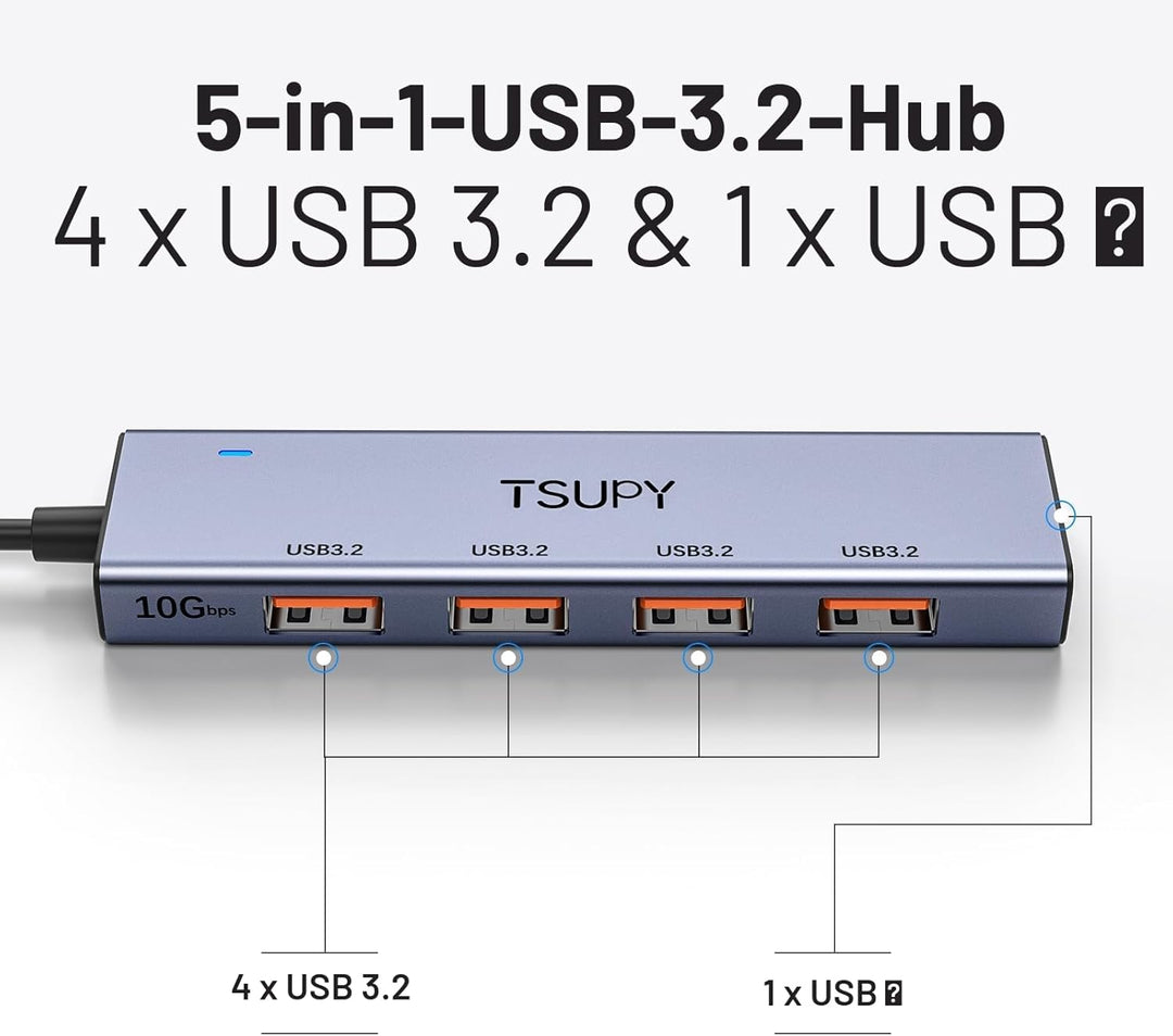 USB Hub 3.2 Gen 2, TSUPY USB Hub 10Gbps, Aluminium USB Verteiler mit 120cm Kabel kompatibel für Lapt