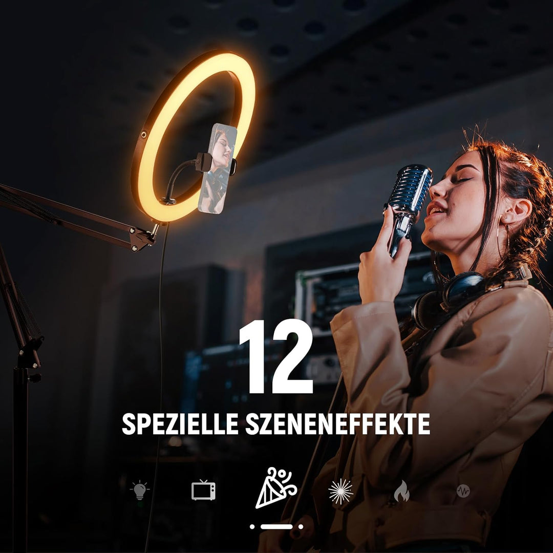 NEEWER RH12 12" 24W Hochleistungs LED Ringlicht Kompatibel mit iPhone 60" Überkopf Faltstativ mit Ha
