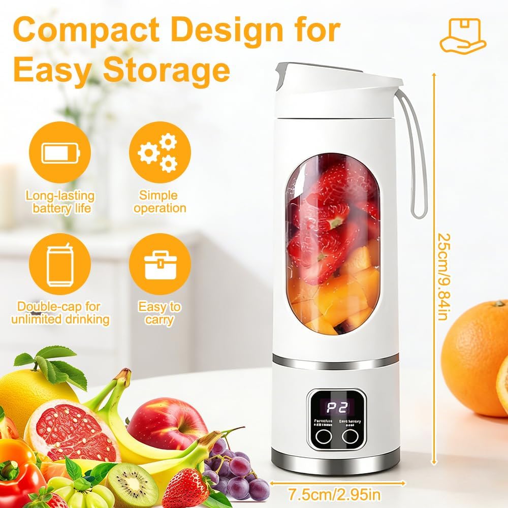 Tragbarer Mixer Smoothie Maker, 450ml USB Mini Mixer to Go mit Digitalanzeige, 12-Klingen Portable B