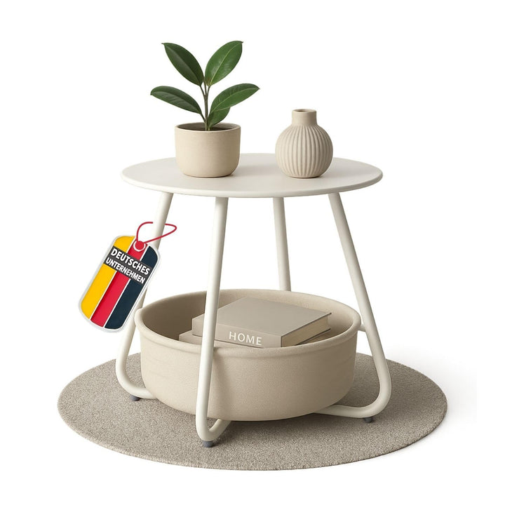 Coemo Couchtisch KOSI Weiss aus Metall Ø 45 x 45 cm mit Aufbewahrungskorb Canvas, Beistelltisch rund