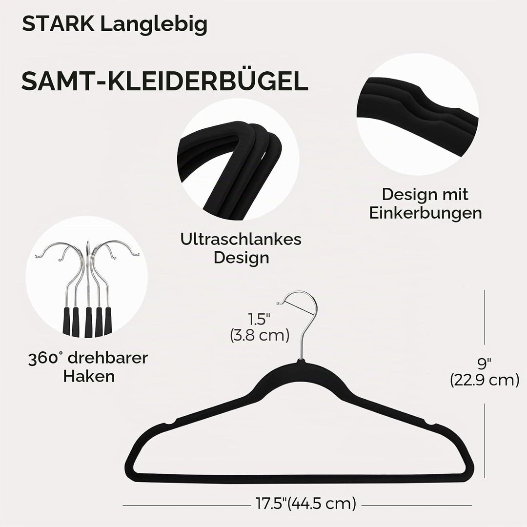HOUSE DAY Schwarzer Kleiderbügel 120 Stück, Samt Kleiderbügel Rutschfester Filz Bügel -Platzsparende