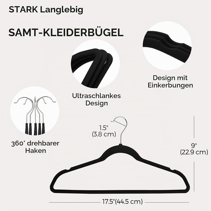HOUSE DAY Schwarzer Kleiderbügel 120 Stück, Samt Kleiderbügel Rutschfester Filz Bügel -Platzsparende
