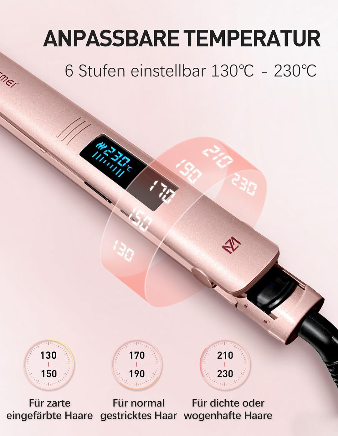 Glätteisen, Haarglätter &amp; Reisebügeleisen – 1Zoll Keramik Ionen LED 6Temp 130‑230°C DualVolt (110‑24