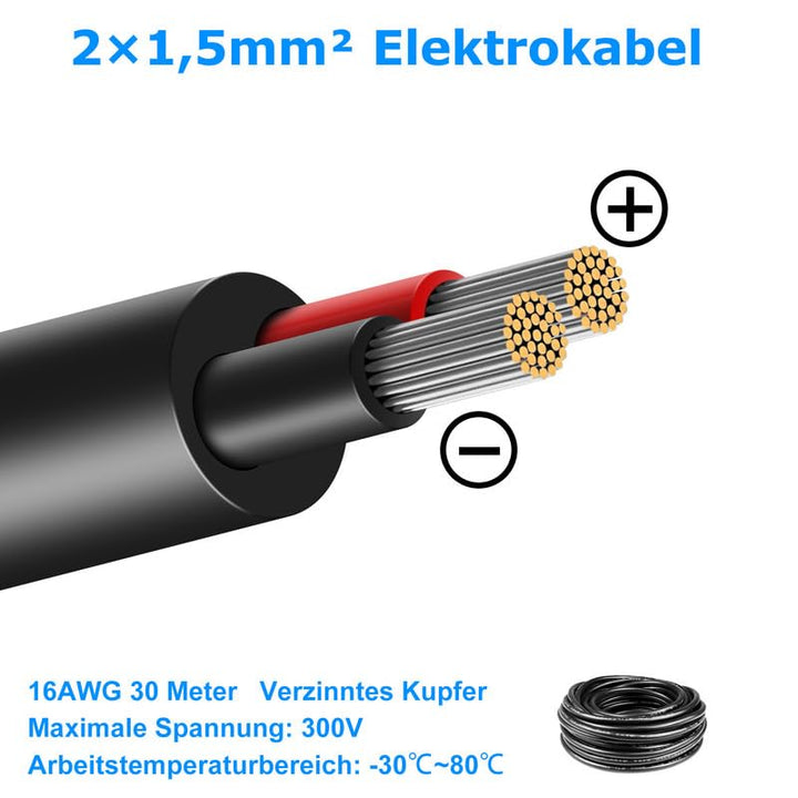 30 Meter 16AWG 2x1,5mm² Elektrischer Draht, 2 Adrig Kabel 5V/12V/24V Stromkabel Verzinntes Kupferkab