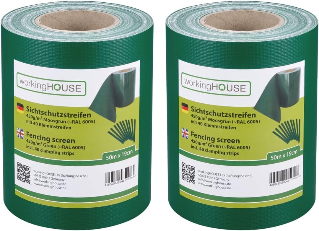 workingHOUSE PVC Sichtschutzstreifen für Doppelstabmattenzaun - 450g/m² 50 m x 19 cm - Zaunsichtschu