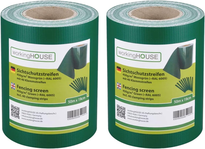 workingHOUSE PVC Sichtschutzstreifen für Doppelstabmattenzaun - 450g/m² 50 m x 19 cm - Zaunsichtschu