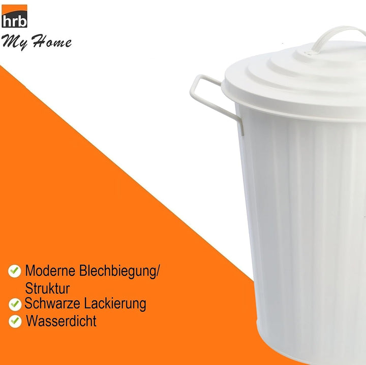 HRB Mülleimer Zink weiss, 38 Liter, Vintage Design, sehr stabil mit Deckel- geeignet als Mülleimer K