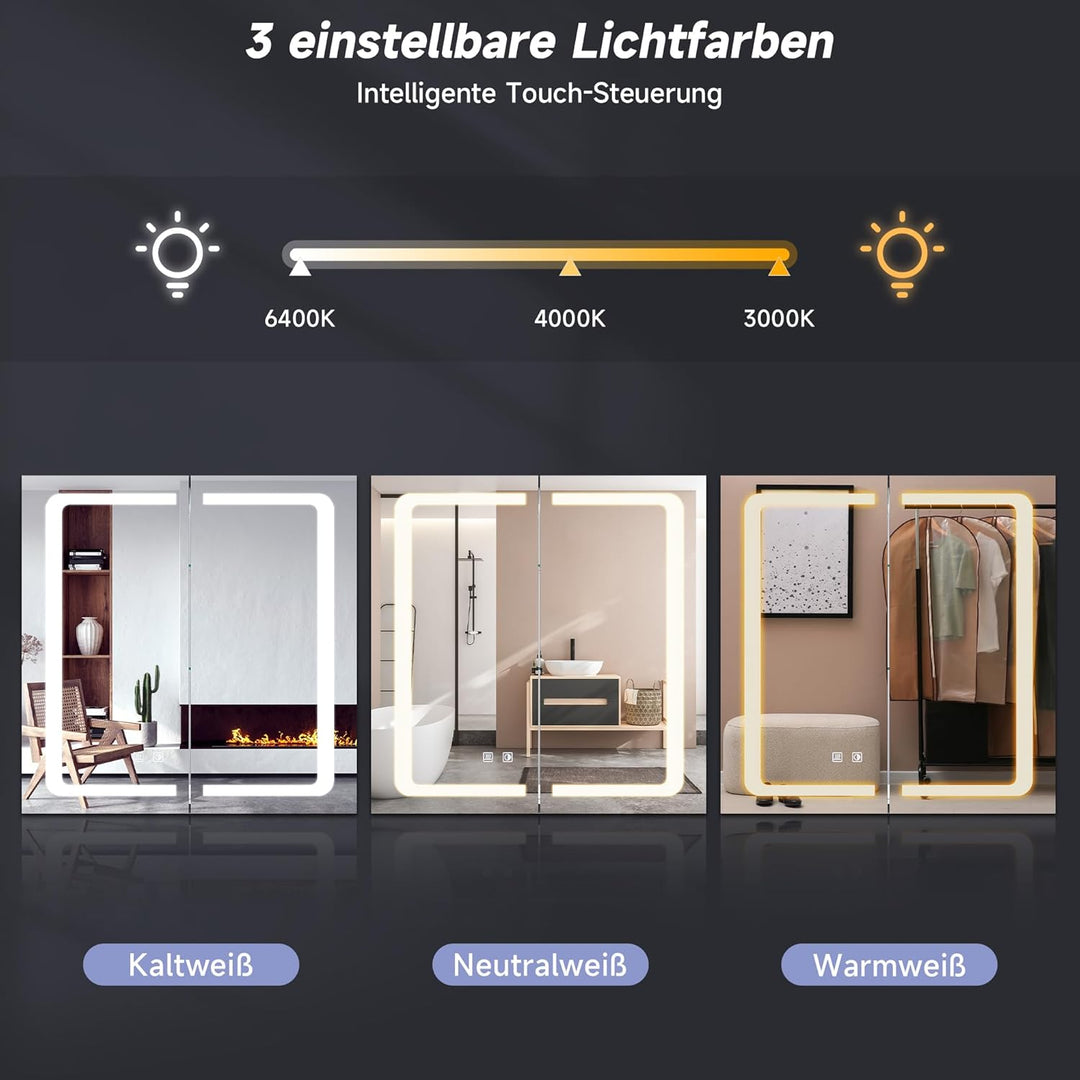 SONNI Spiegelschrank Bad mit Beleuchtung 65 cm breit doppeltürig Aluminium beschlagfrei Badezimmer s