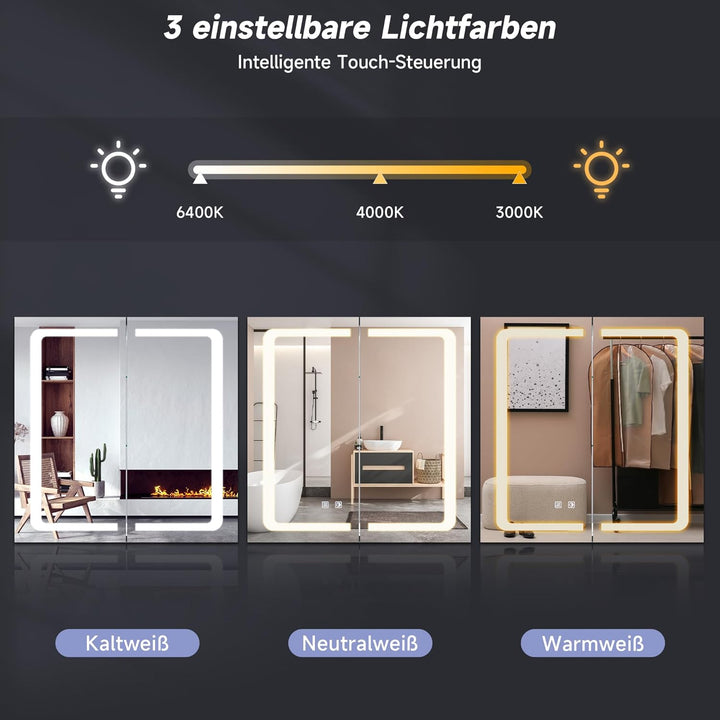 SONNI Spiegelschrank Bad mit Beleuchtung 65 cm breit doppeltürig Aluminium beschlagfrei Badezimmer s