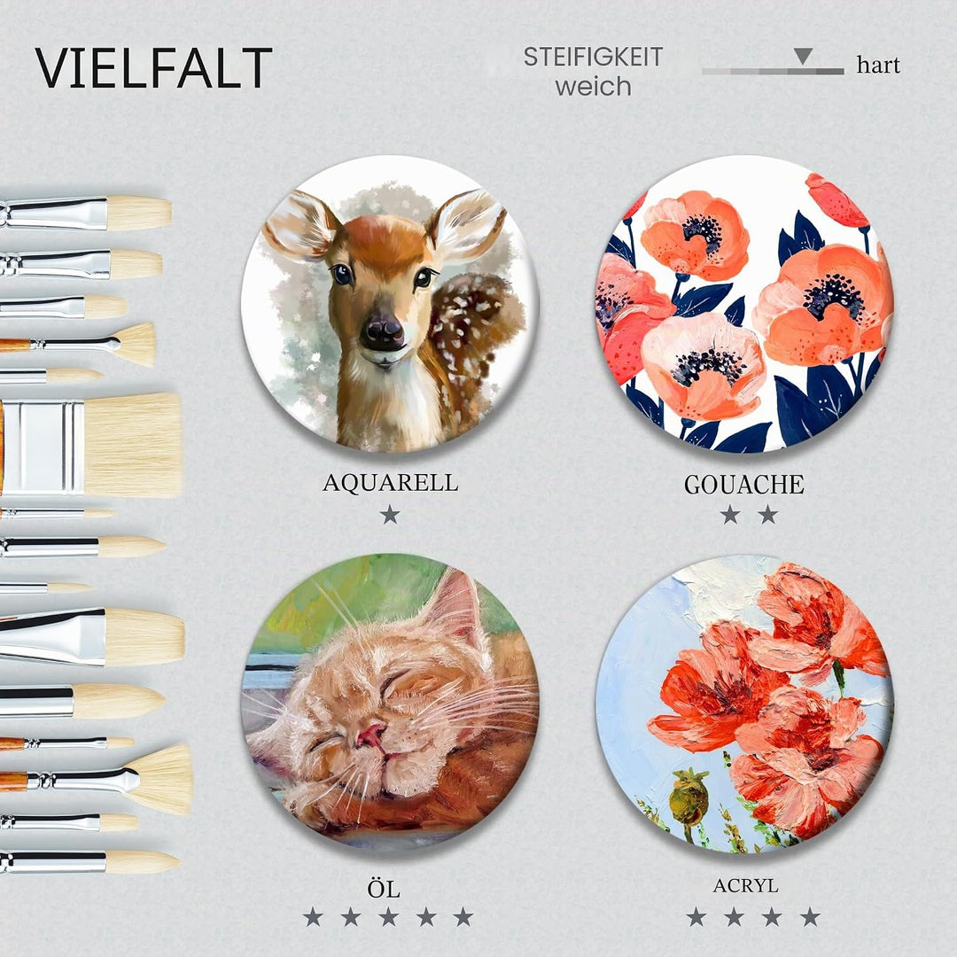 Artify 15 Stück Professional Paint Brush Set für Ölgemälde mit Einer kostenlosen Tragetasche Holzfar