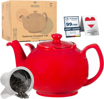 Teekanne mit Siebeinsatz Liverpool Rot 1,6 L Teekanne mit Edelstahl Sieb aus Keramik von URBAN LIFES