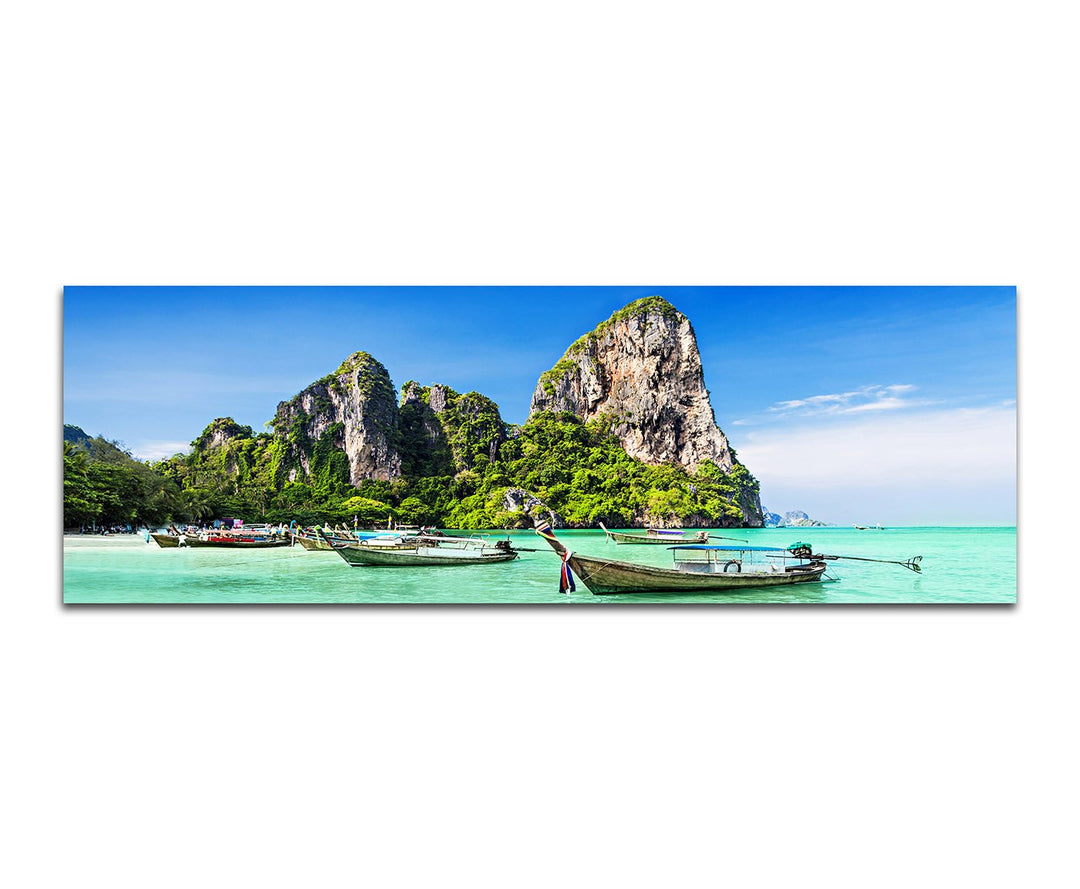 Paul Sinus Art Panoramabild auf Leinwand und Keilrahmen 150x50cm Thailand Meer Strand Felsen Boote