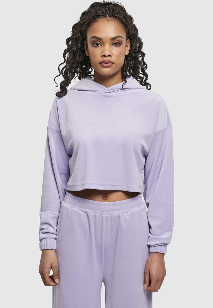 Urban Classics Damen Hoody kurzer Oversize Kapuzenpullover aus weichem Samtstoff, bauchfreier Kapuze