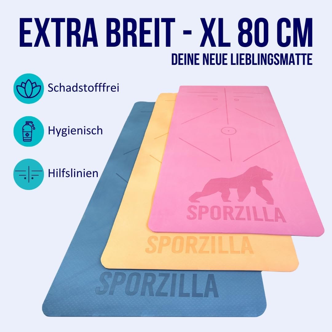 Premium XL Fitnessmatte, Yogamatte, extra breit 80 cm, 8 mm stark, rutschfest & schadstofffrei, mit