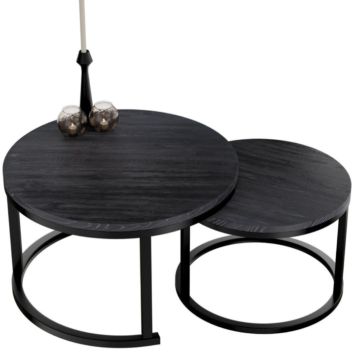 HeyHeaven® Couchtisch Rund Holz 2er Set – Runder Coach Tisch Schwarze Holz Optik mit Schwarze Metall