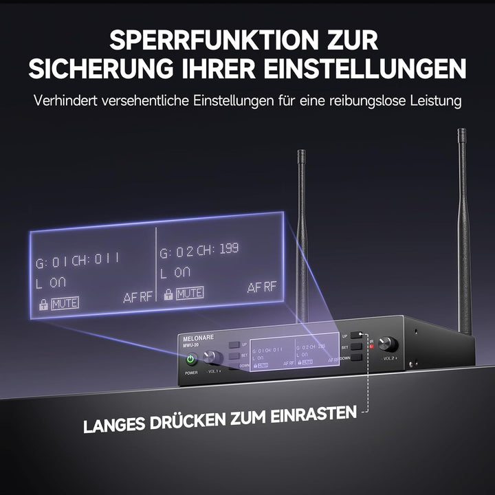 Dual Channel Wireless Microphone System, MELONARE Auto-Scan Professionelles schnurloses dynamisches