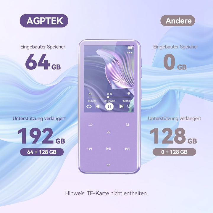 AGPTEK 64GB MP3 Player Bluetooth 5.3 mit 2,4" TFT Farbbildschirm, HiFi Musik Kinder MP3 Player mit L