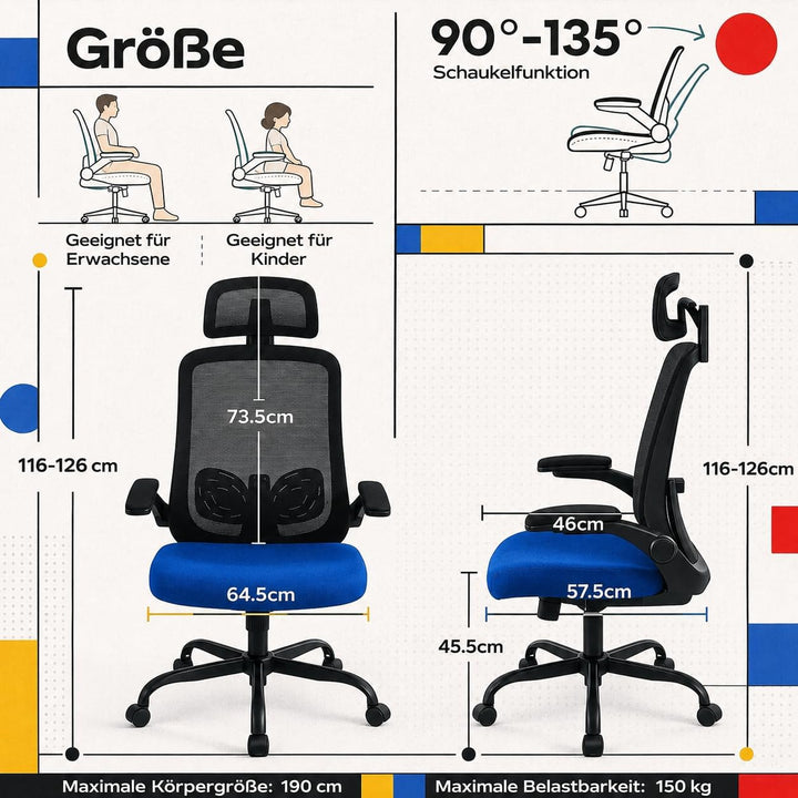 DUMOS Bürostuhl Ergonomisch, Gaming Stuhl mit Verstellbarer Kopfstütze, Armlehnen Schreibtischstuhl,