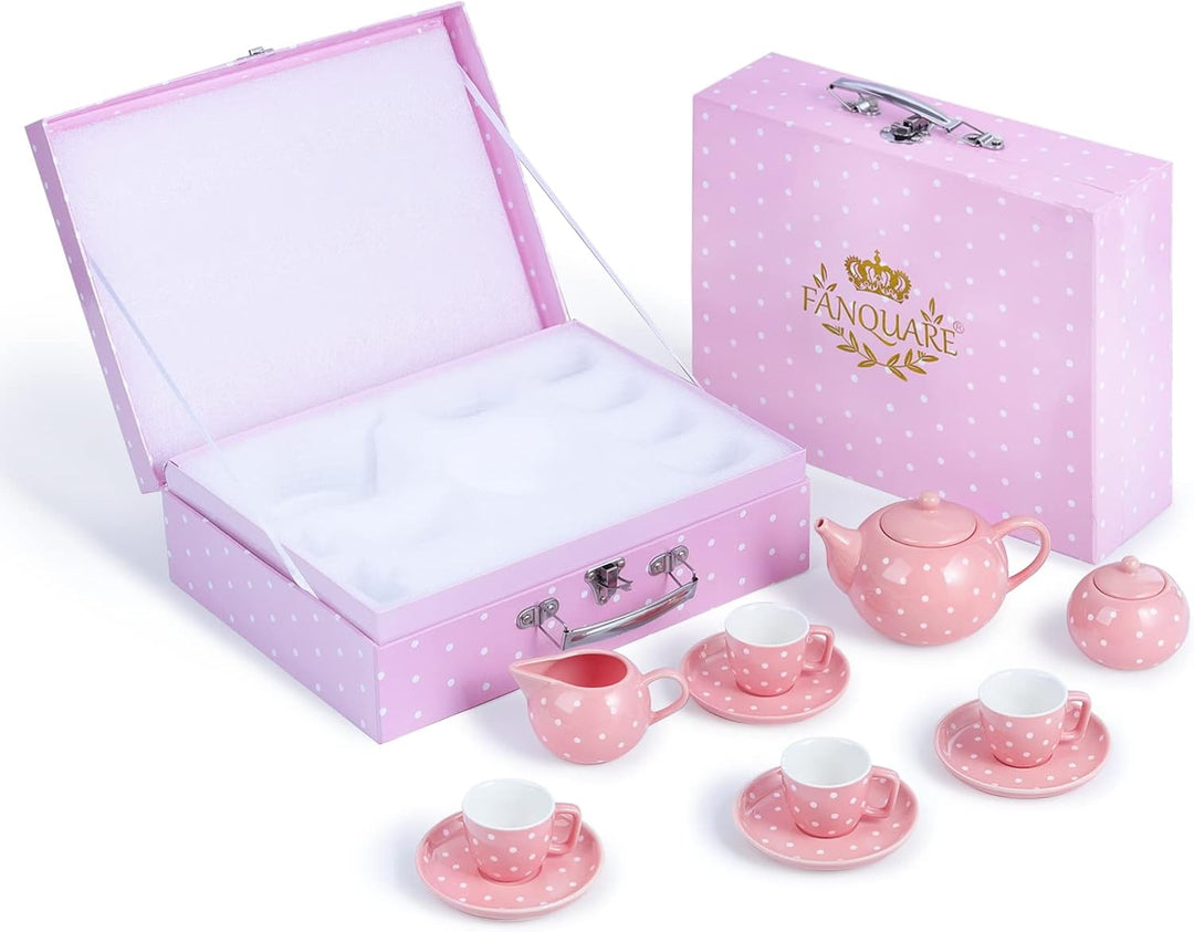 fanquare 12-teilig Porzellan Teeservice für Erwachsene, Mädchen, Rosa Polka Dot Tee Party Set mit Ta