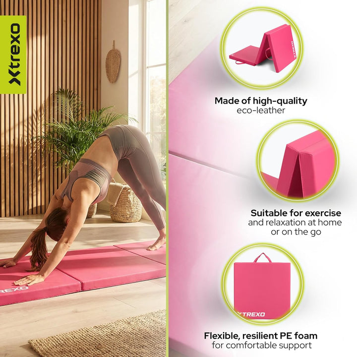 TREXO Faltbare Gymnastikmatratze - 3-teilig, abriebfester Öko-Lederbezug, flexibler PE-Schaum, Trage