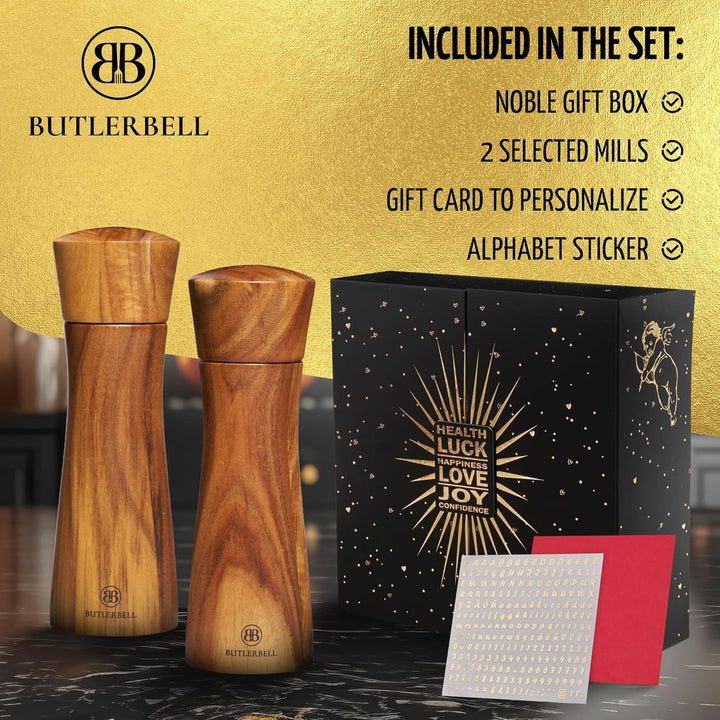 BUTLERBELL® Englisch | Salz und Pfeffermühle Holz in Luxus Geschenkbox mit Herz ideal als Hochzeitsg